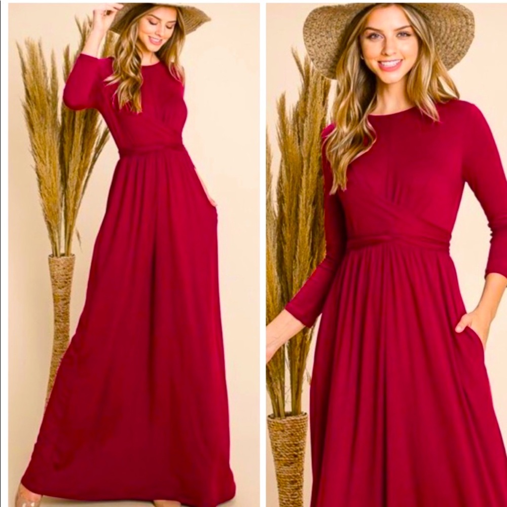 Burgundy Waist Tie Maxi Dress